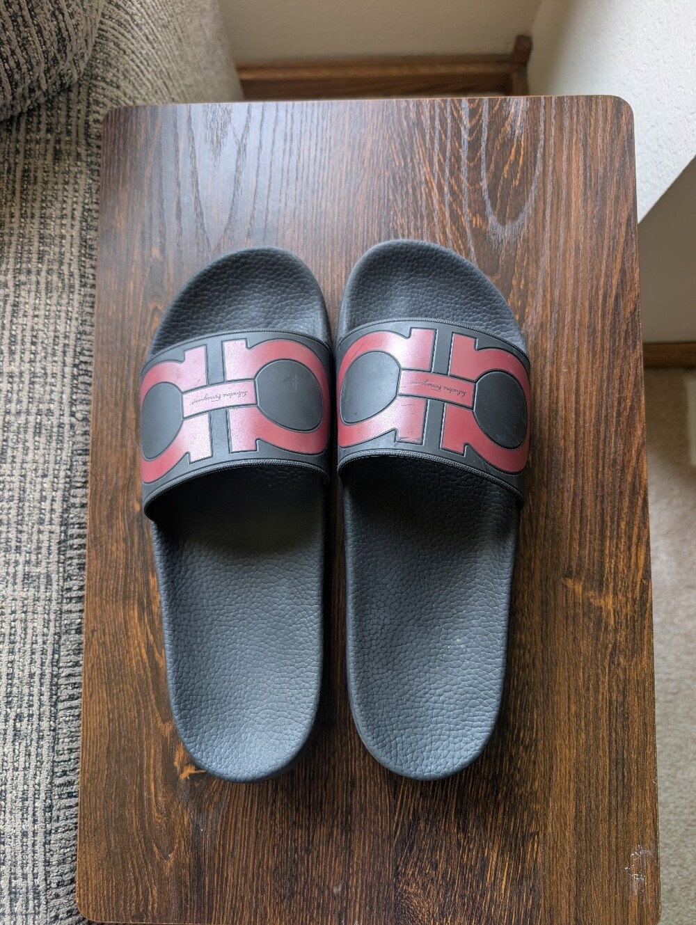 Salvatore Ferragamo Groove Black Signature Logo Red Gancini Slide Sandals